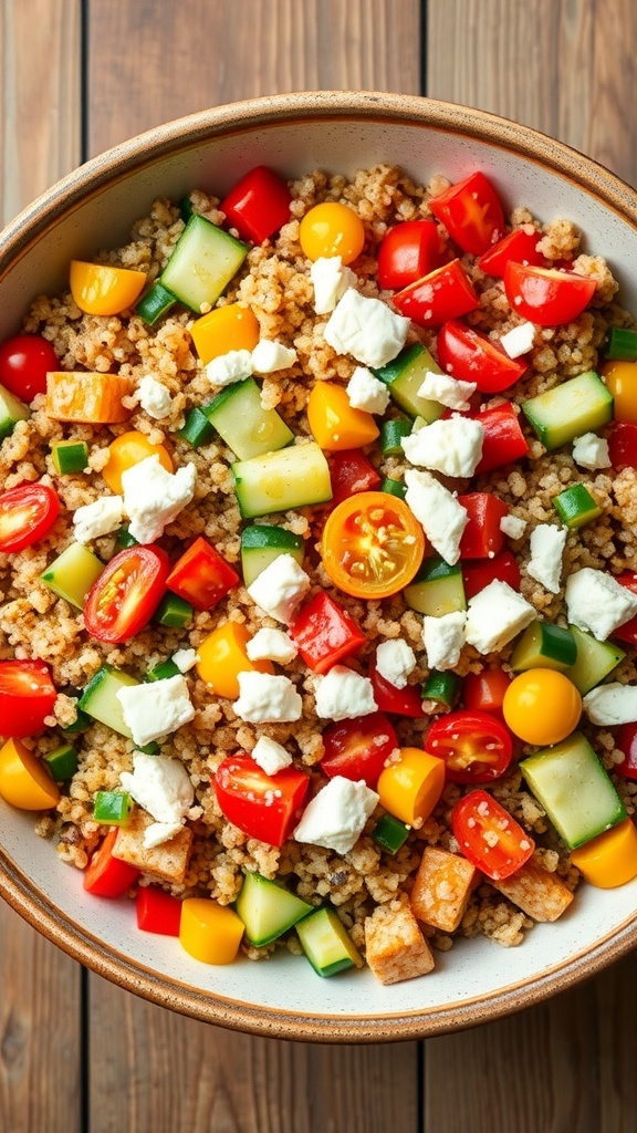A colorful quinoa bowl salad with diced vegetables and feta cheese in a rustic bowl on a wooden table.